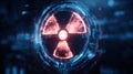 Glowing red radiation hazard symbol on digital futuristic interface with blurred background and light effects Royalty Free Stock Photo
