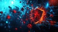 glowing red shield defends against surge of neon viruses in fragmented digital network