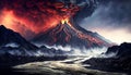 Glowing red skies at the rim of an erupting volcano spewing lava flows from its cone and spewing heavy clouds of black smoke into