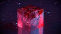 Glowing red sphere in glass cube 3D rendering illustration