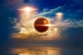 Glowing red UFOs fly above sea, extraterrestrial spherical life Royalty Free Stock Photo