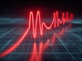 Glowing red waveform pulse with reflections on a futuristic grid surface representing digital data or heartbeat signal in a dark Royalty Free Stock Photo