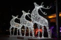 Glowing reindeer made of wire and light bulbs. Christmas decorations. Christmas Lights on reindeer shape wire frame mesh. Deer