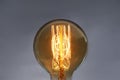 Glowing retro light bulb on grey background