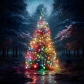 Glowing richly decorated Christmas tree in the middle of the forest at night in winter. Xmas tree as a symbol of Christmas of the Royalty Free Stock Photo