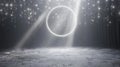 Glowing ring of light hovers above a misty stage, surrounded by soft sparkles Royalty Free Stock Photo