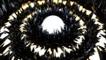 Glowing rings and glossy black peaks 3D rendering illustration