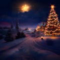 Glowing roadside Christmas tree with baubles, chains, winter landscape, snow-covered roads, a star in the sky. Xmas tree as a Royalty Free Stock Photo