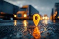 Illuminated location marker on wet asphalt road with blurred trucks and headlights in the background during twilight hours in an Royalty Free Stock Photo