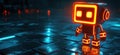 Glowing robot character in futuristic neon-lit environment with reflective floor
