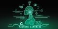 Glowing robot head and icons on dark wallpaper. Chat GPT, machine learning and AI concept. 3D Rendering