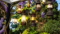 glowing Romantic candle lanterns hanging in garden vintage lamps in nature, stylish antique decoration with colorful