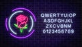 Glowing rose neon sign of flower shop in round frames with alphabet. Design of floral store signboard
