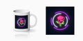 Glowing rose neon sign of flower shop in round frames for cup design. Design of floral store symbol