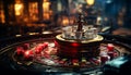Glowing roulette wheel spins, igniting luck in dark casino generated by AI