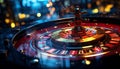 Glowing roulette wheel spins, luck turns, casino jackpot shines generated by AI