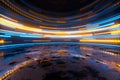 Glowing round illuminated lines in the dark round room, 3d rendering