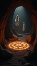 A glowing rune circle summons ethereal spirits within an eerie cave