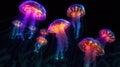 Glowing sea jellyfishes on dark background. Generative AI Royalty Free Stock Photo