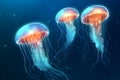 glowing sea jellyfishes on glowing blue background. Royalty Free Stock Photo