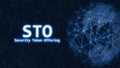 Glowing Security Token Offering STO text on 3D Rendering blue dotted world and abstract wired global network background.