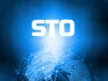 Glowing Security Token Offering STO text on 3D Rendering blue dotted world and abstract wired global network background.