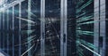 Glowing server rack in data center corridor, with LED lights, binary streams, mathematical overlays Royalty Free Stock Photo