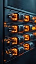 Glowing server rack equipment with data lights active, representing advanced technology and digital processing power. Royalty Free Stock Photo