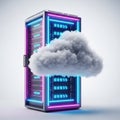 A glowing server rack with a fluffy cloud emerging from it, symbolizing cloud computing and data storage, isolated on white Royalty Free Stock Photo