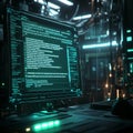 Glowing server room screen displaying intricate data and coding in a high-tech environment at night Royalty Free Stock Photo