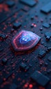Glowing shield emblem on circuit board represents data protection. Digital defense secures network information. Cyber security Royalty Free Stock Photo