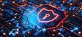 Glowing Shield Icon on Digital Network with Encrypted Firewall Patterns for Cybersecurity Design
