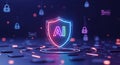 Futuristic AI technology shield symbol with glowing neon lights and digital security elements Royalty Free Stock Photo