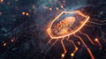 Glowing shield icon and fingerprint scan representing digital security and data protection. Digital ethics. Copyspace