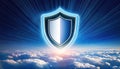 Glowing shield icon overlaying an abstract cloud landscape creating a serene digital atmosphere Royalty Free Stock Photo