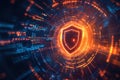 A glowing shield icon is surrounded by vibrant binary code, symbolizing security and protection in a digital landscape