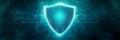 Glowing shield with intense blue green highlights and a digital particle aura, representing advanced cloud based cybersecurity