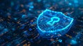 Glowing shield with keyhole on circuit board, representing cybersecurity in digital illustration