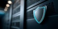 Close-up of a glowing shield emblem on a dark server rack representing cybersecurity and data protection in a modern data center Royalty Free Stock Photo