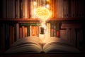 Glowing and shining brain lightbulb over an open book with a bookshelf as background. Knowledge, study, cognition, learning, Royalty Free Stock Photo