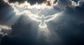 Glowing silhouette of dove ascending through dramatic clouds with sun rays breaking through Royalty Free Stock Photo
