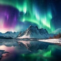 Glowing Skies: Majestic Northern Lights Dancing over Snow-Covered Mountains Royalty Free Stock Photo