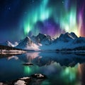 Glowing Skies: Majestic Northern Lights Dancing over Snow-Covered Mountains Royalty Free Stock Photo