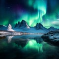 Glowing Skies: Majestic Northern Lights Dancing over Snow-Covered Mountains Royalty Free Stock Photo