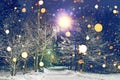 Glowing snowflakes fall in winter night park. Theme of Christmas and New Year. Winter scene of night park in snow Royalty Free Stock Photo