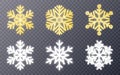 Glowing snowflakes. Gold and silver snowflake collection. Shining Christmas decoration. Bright festive symbols. Elegant Royalty Free Stock Photo