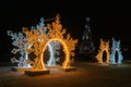 Glowing snowflakes in the night, New Year's decoration of the city