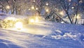 Glowing snowflakes in night park for Christmas. Xmas and New Year background