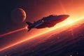 glowing spaceship hovering above a planetary surface radiant aura atmospheric entry light