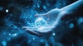 A glowing sphere in a hand, representing magic and energy in a mystical realm filled with blue lights and sparks Royalty Free Stock Photo